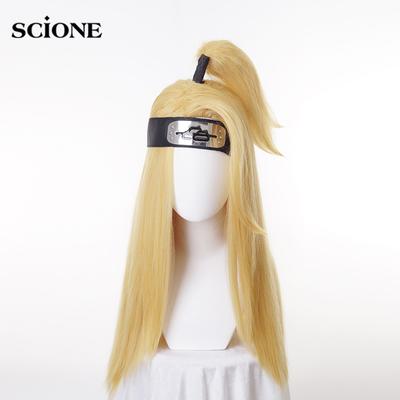 Pelucas de Cosplay Akactuki, peluca de cosplay de halloween Deidara para hombres, pelucas largas doradas de pelo sintético + diadema + gorro de peluca
