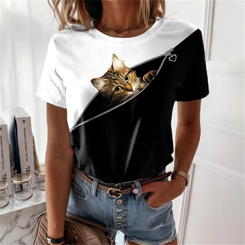 Cartoon Anime Niedliches Tier Katze 3D-Druck Damen Sommer Mode Kurzärmeliges Lässiges Oberteil O-Ausschnitt