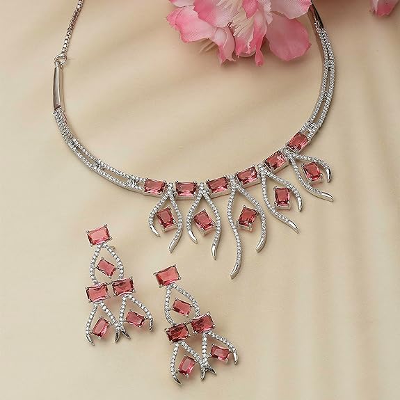 Collier contemporain clouté de diamants américains plaqué rhodium avec boucles d'oreilles, ensemble de bijoux pour filles et femmes