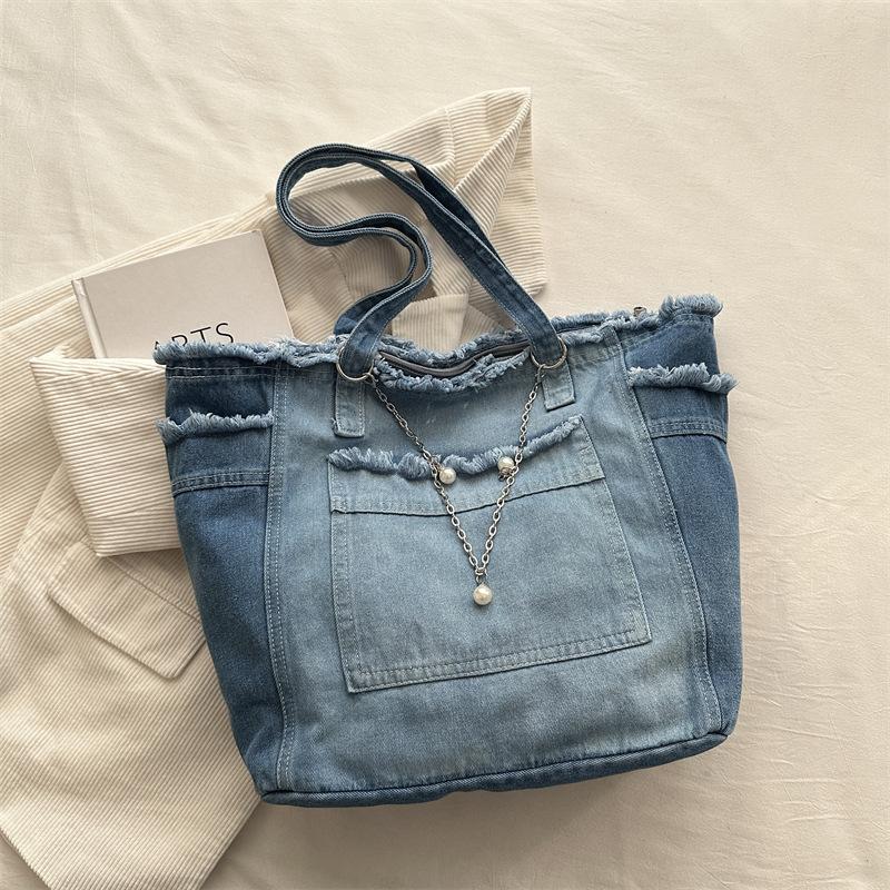 

Gradual change denim tote bag versatile large capacity spring and summer new work simple commute shoulder bag large bag синій