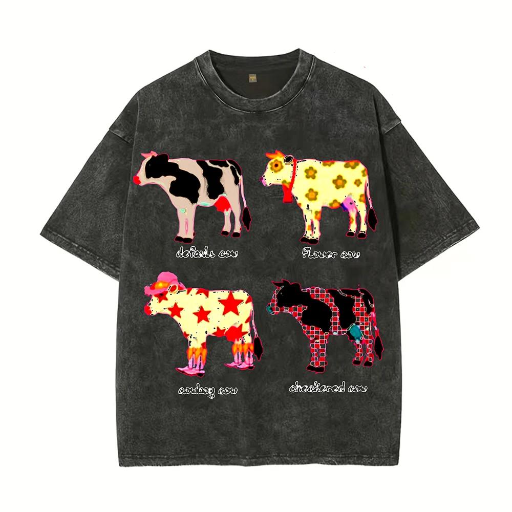 Cute Cartoon Cow Print T-Shirt Pure Cotton Washed Shoulder Round Neck Neutral Style Fashion Trend New High Quality Short Sleeves S разноцветный