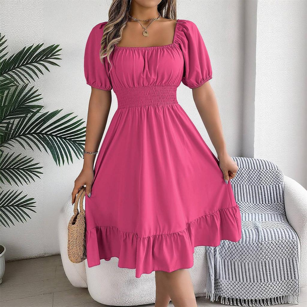 Women's Fashionable Retro Color Square Collar Fungus Hem Waist A-line Long Skirt Short-sleeved Dress