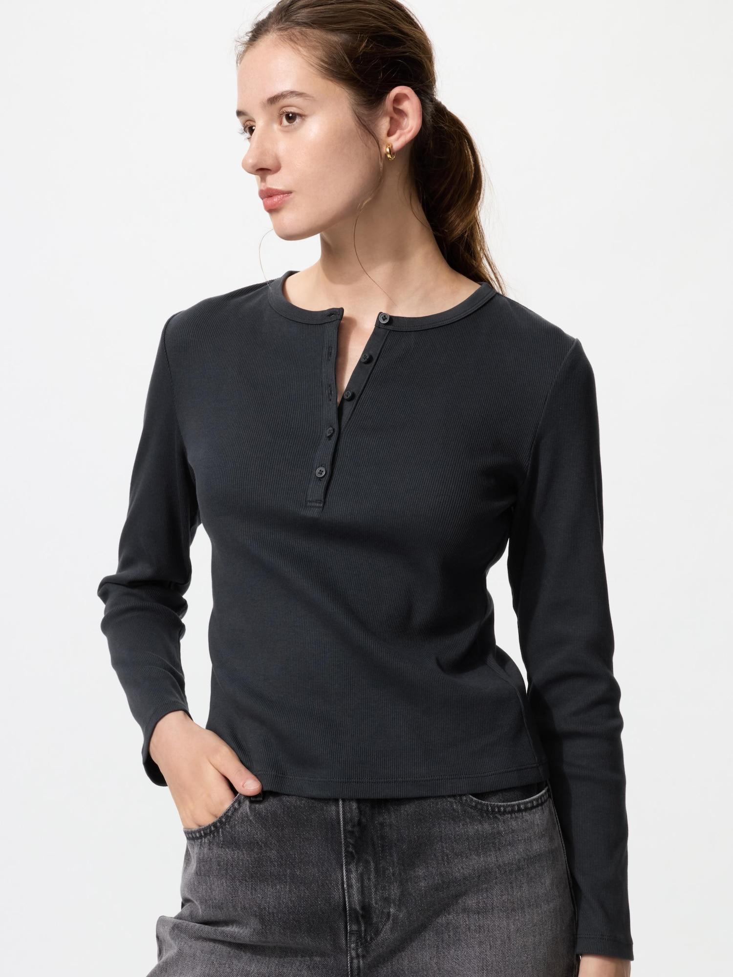 

Uniqlo Рубашка с рубчатым хенли-вырезом, длинный рукав 09 BLACK/S