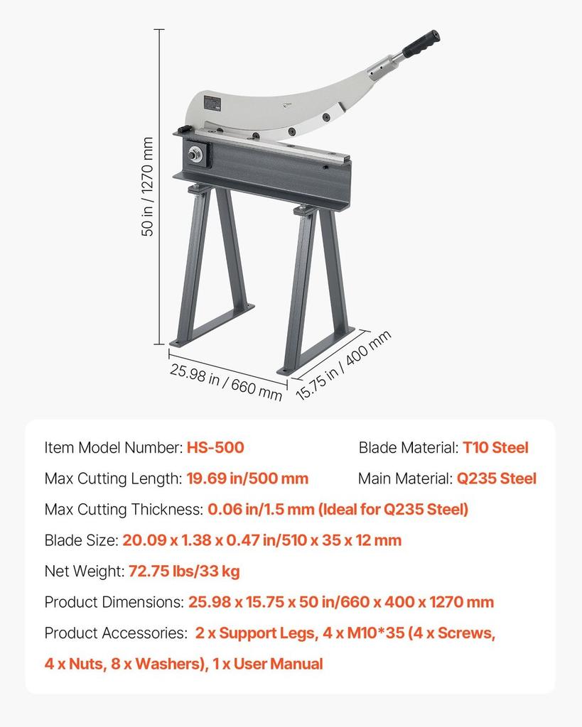 Guillotine Shear, 500 Mm Bed Width Benchtop Cutter, Manual Hand Plate Shear for Metal Sheet Processing, with Q235 Material, High Precision, Stand, for