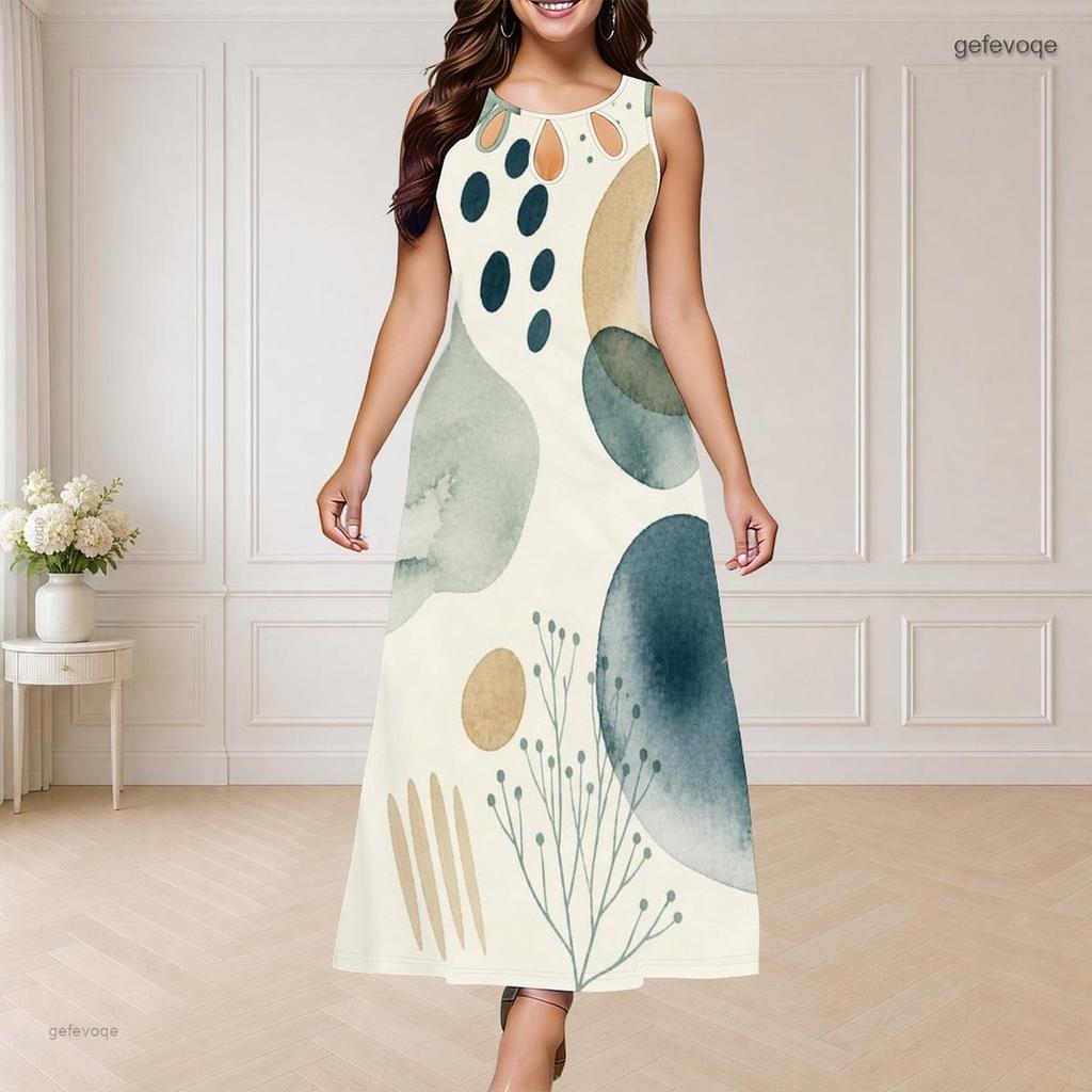 Women Plus Size Sleeveless Round Neck Triple Keyhole Cutout Abstract Print Maxi Dress