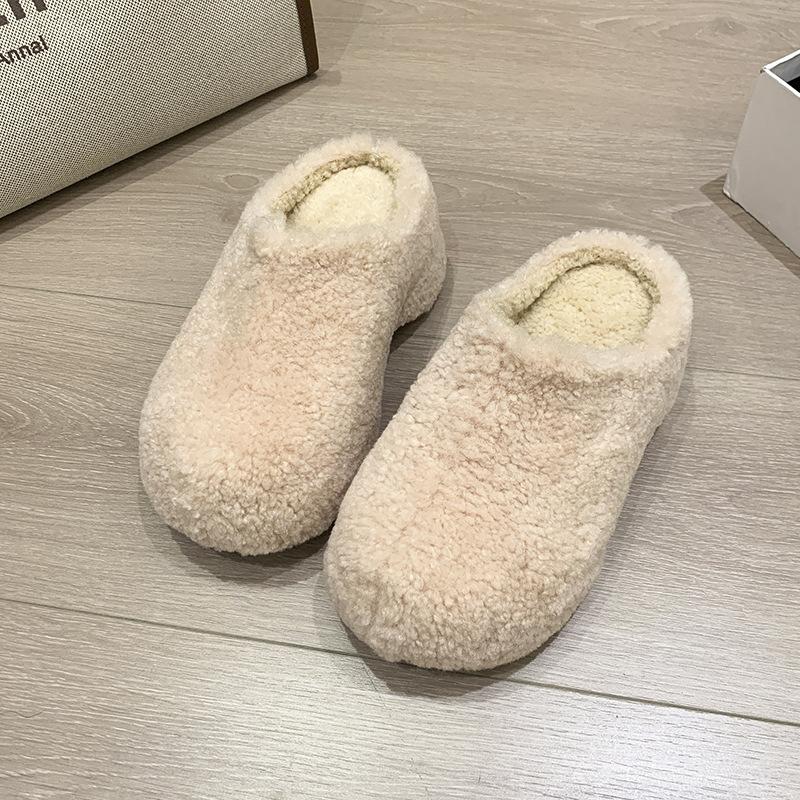 Retro Thick-soled Casual Bag Head with One Foot and Warm Cotton Shoes for Women's Autumn and Winter Niche Plush Casual Fluffy Half Slippers