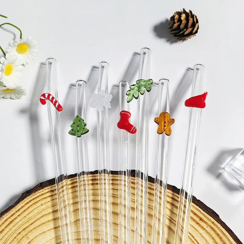 2Pcs Christmas Reusable High Borosilicate Glass Drinking Straws Set Set with 1Pc Brush Milk Shake Coffee Cocktail Straw Bar