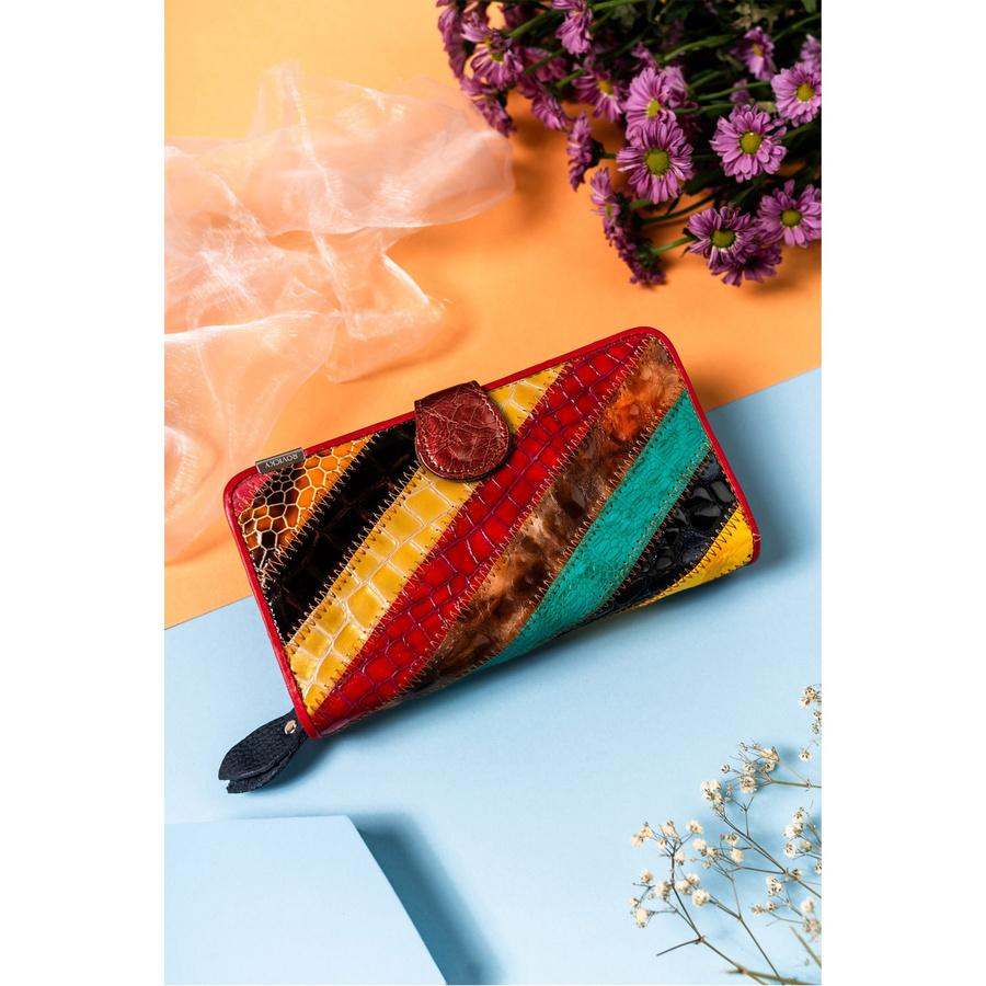 Große, lederne Damen Geldbörse im Patchwork-Muster - Rovicky