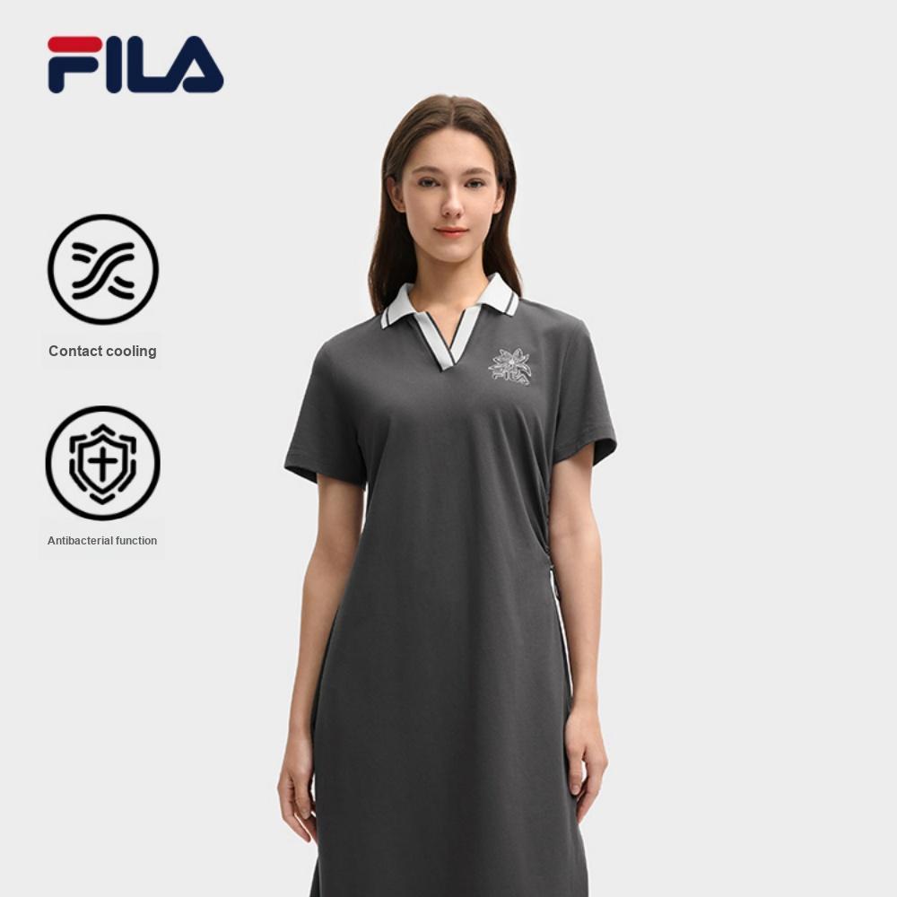 Fila Nowoczesne Dziedzictwo Wygodna Moda Wakacyjna Casualowa Komfortowa Sukienka z Długim Krótkim Rękawem Sukienki Damskie Gwiezdny Szary F11W528310F-GY