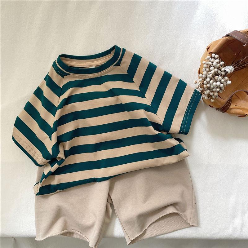 Children's Summer Clothing Korean Loose Striped Short Sleeved T-shirt Boys and Girls Stylish Versatile Top