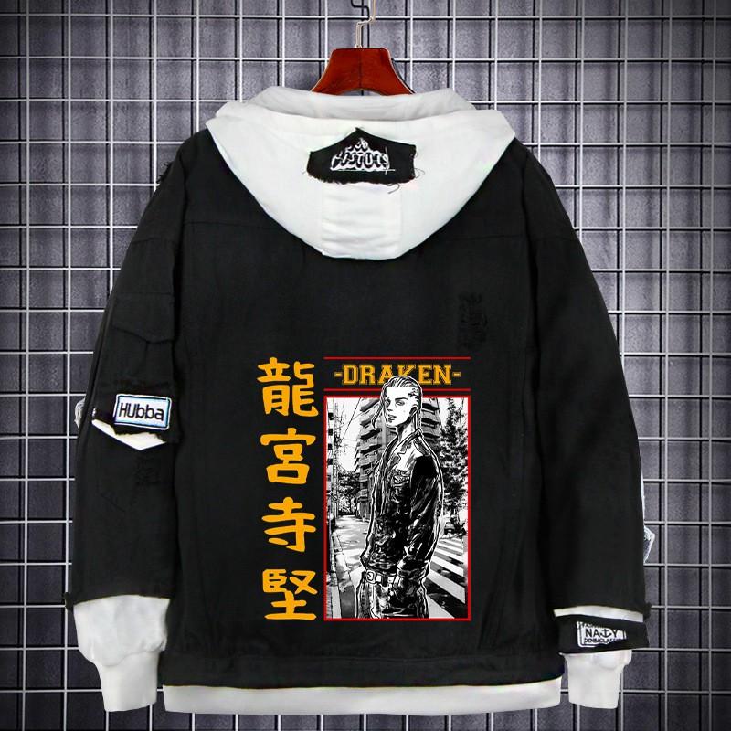 Tokyo Revengers Anime Denim Jacket Fake Two-piece Hoodie Men Youth Streetwear