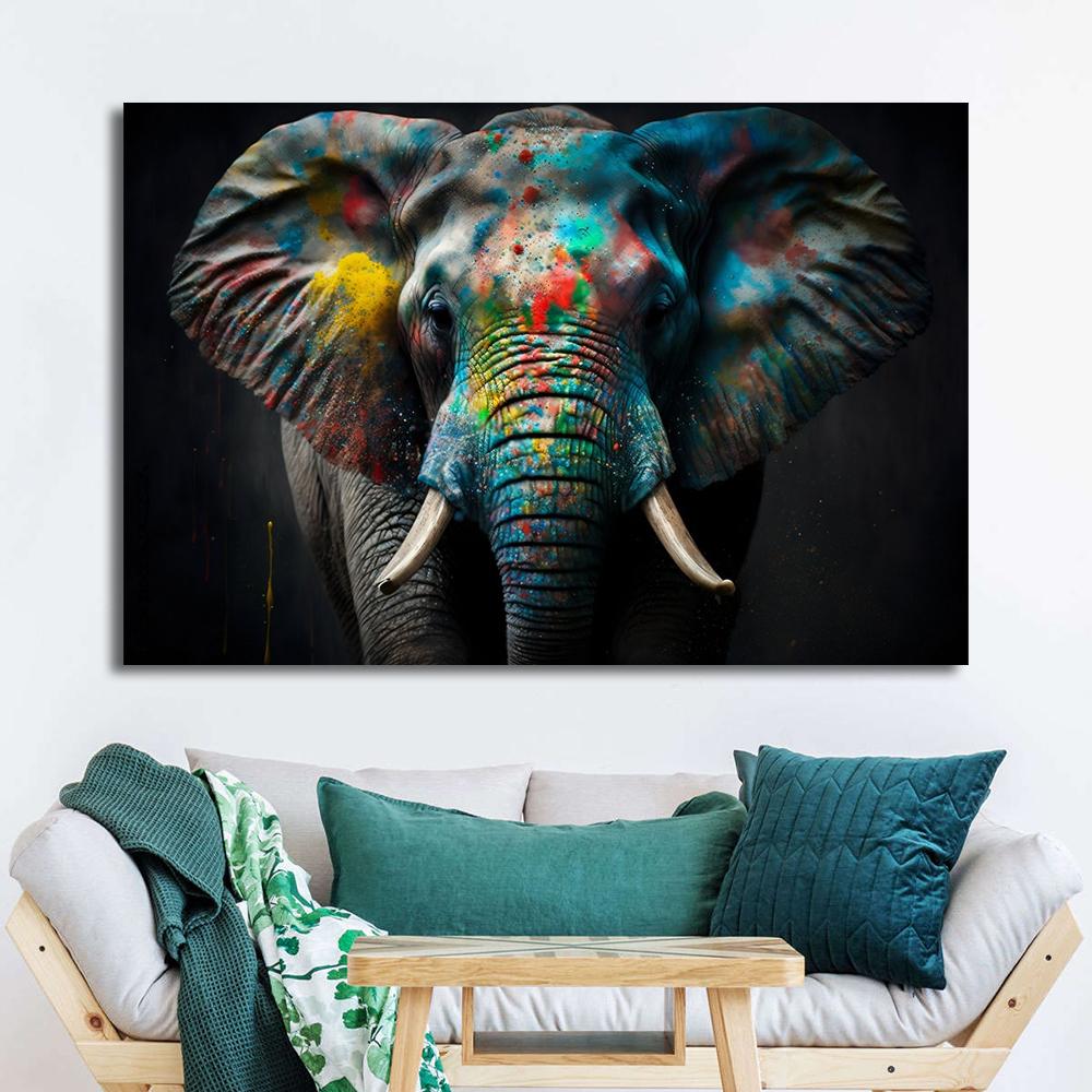 Ritratto Moderno Faccia di Elefante con Pittura su Tela con Pittura Colorata Poster di Elefanti Arte da Parete per Decorazione Soggiorno
