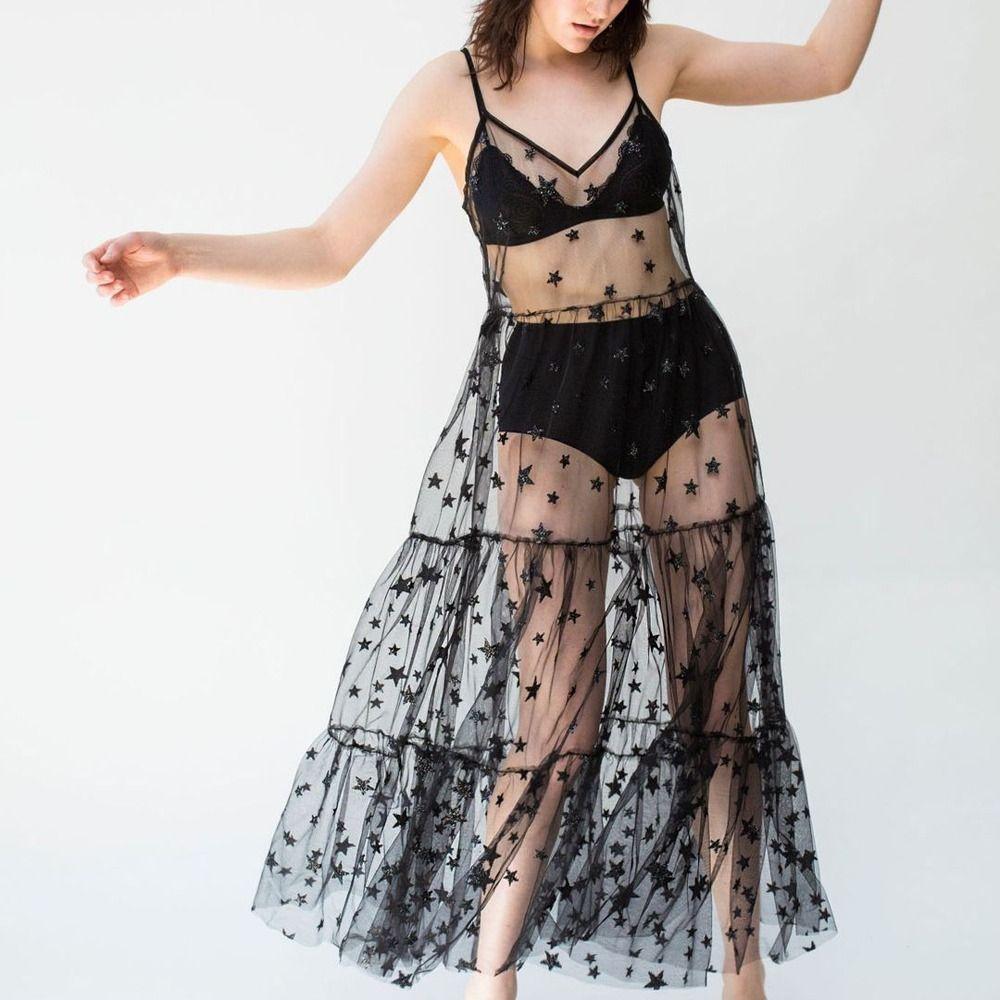 Dress Bling Bling Dress Lace Women Cover Up Spaghetti Straps Summer Tulle Dress V-Neck Sling Dress