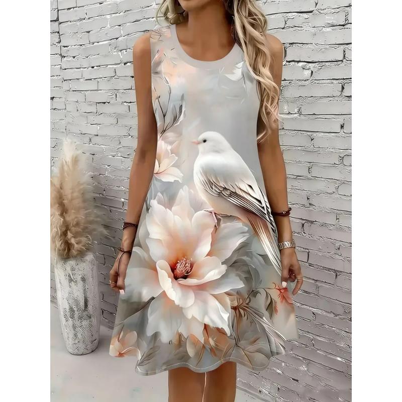 Fashion Women s Crew Neck Dress 3D Casual Color Printing Casual Dress Crew Neck Dress 2XS