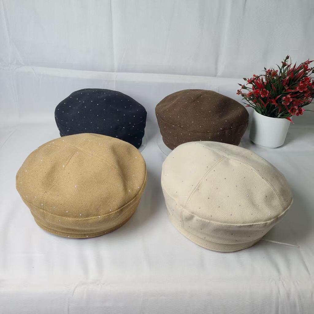 New Beret with Diamonds Female Sweet Temperament Painter's Hat Spring and Autumn Thin Face Small Beret Advanced Sense
