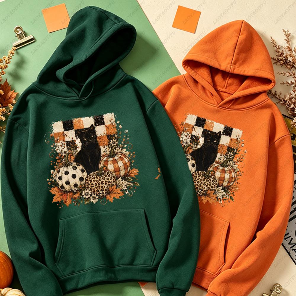 Black Cat Pumpkin Fall Checkered Graphic Hoodie Women Casual Long Sleeve Pullover Vintage Halloween Autumn Holiday Gift Top