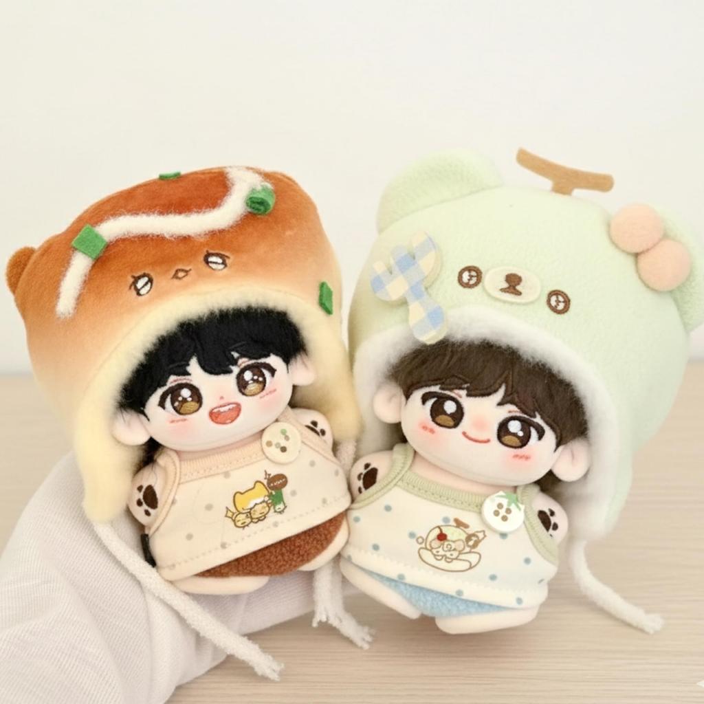 Melon costume (kigurumi cap, top & pants set) for 10cm plushies. Kigurumi accessory for idolfan activities, dollmascot, K-pop dollcostume. [Used]