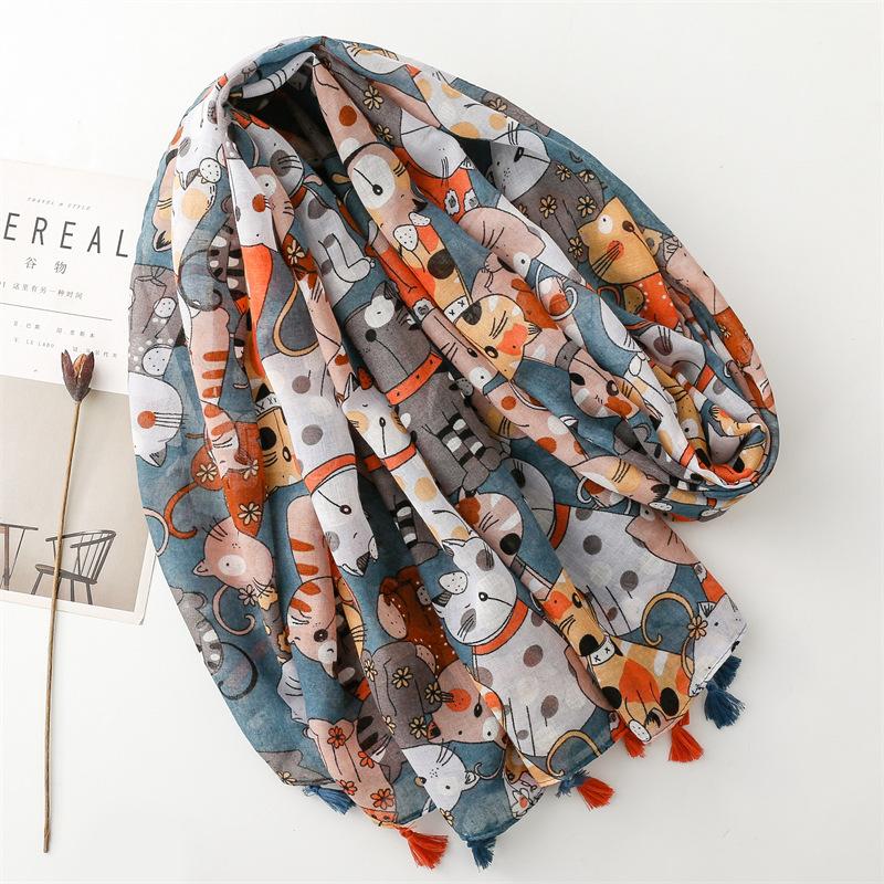 Four Seasons Cute Cat Picture Cotton and Hemp Scarf Sunscreen Shawl Tassel Silk Scarf Neck Protection Scarf