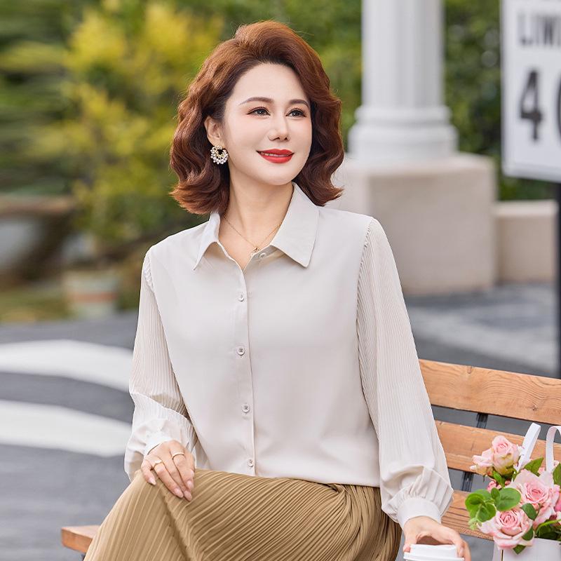 

Stylish Loose Long-Sleeve Lapel Shirt for Middle-Aged Women, Plus Sizes, Spring/Summer 5XL (73-78 kg) грязно-белый