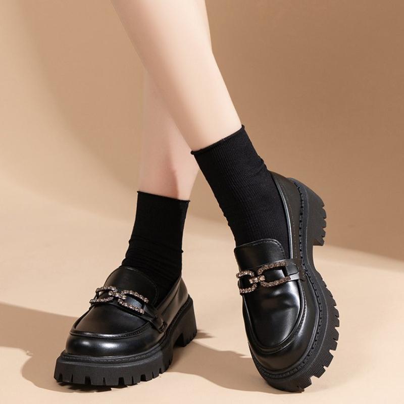 Plus Size 35-42 British Style Thick Soled Black Women's Leather Shoes New Spring and Autumn Thick Heel Loafers Women's Pumps
