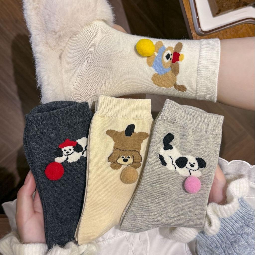 Socks, Medium Tube, Spring And Autumn Hairballs, Cartoon Dog Boneless Socks, Sweat-Absorbing, Breathable, Simple And Versatile, Cute Cotton Socks