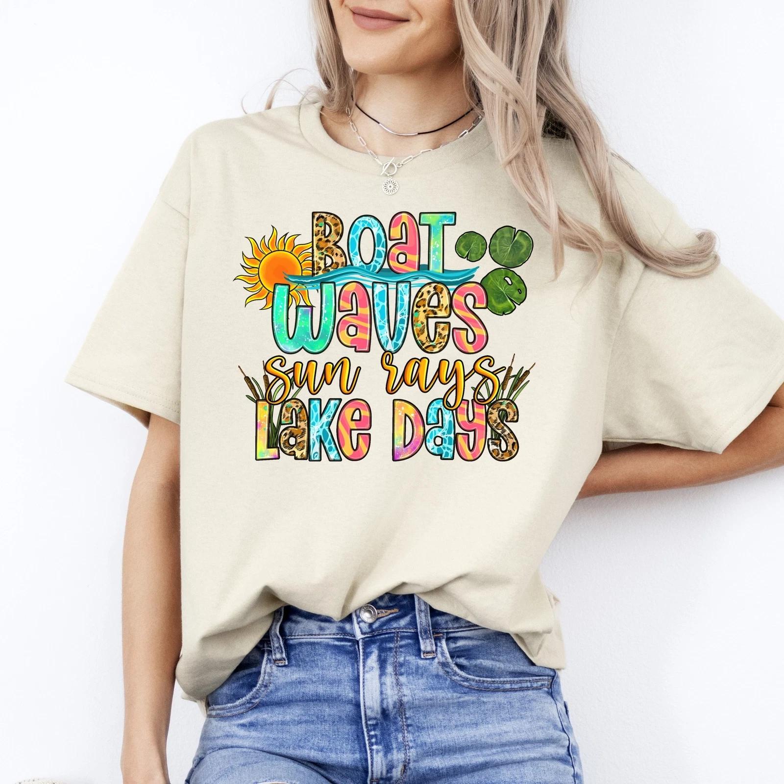 Boat waves sun rays lake days T-Shirt Summer Holiday Unisex tee Sand White Sport S