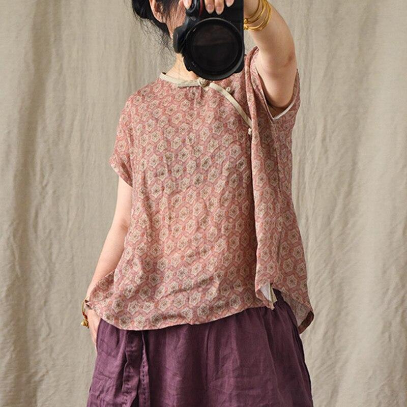 Johnature Women Shirts V-Neck Sleeveless Print Floral Loose Blouse Summer Button Chinese Style Vintage Shirts