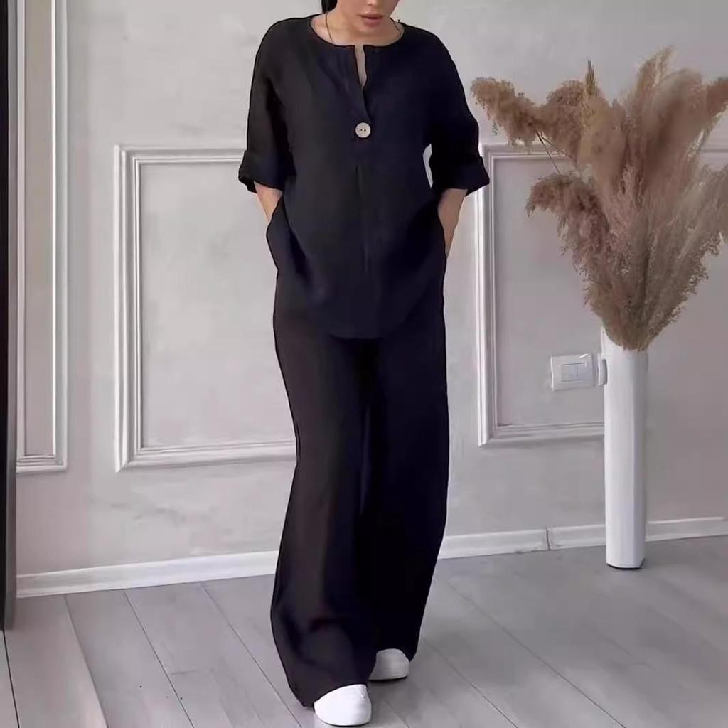 Women Casual Solid V Neck Set Fashion Autumn Spring Two Piece Set Sets Shirt Wide Leg Pant Long Sleeve Suit