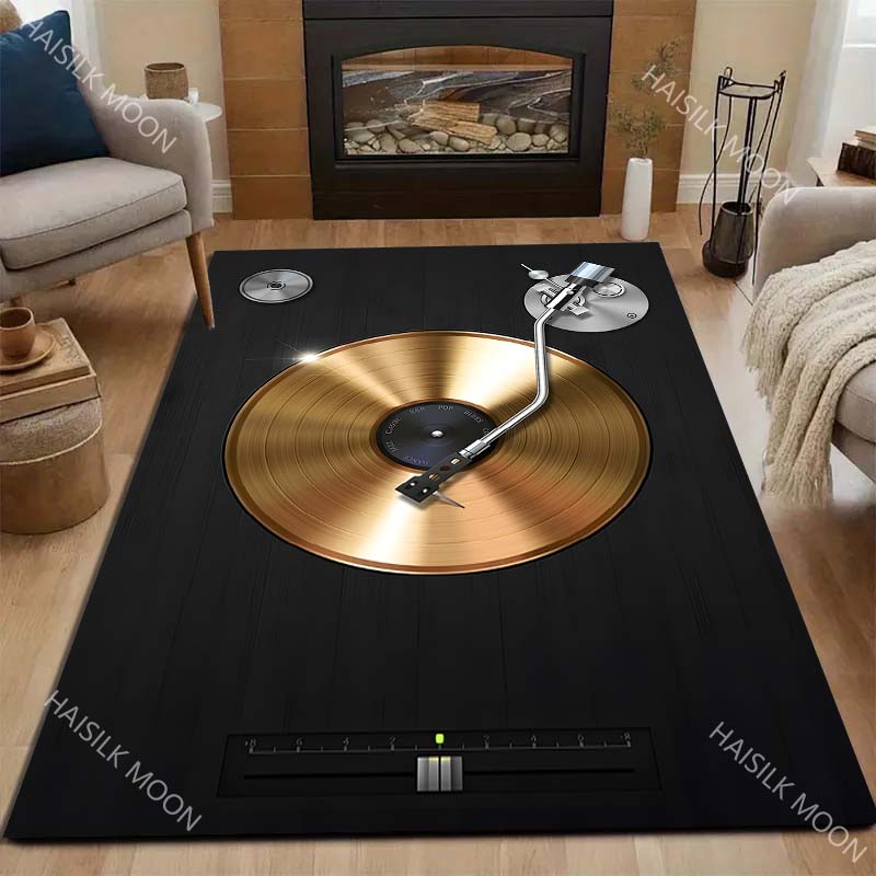 Golden vinyl record turntable tonearm Print Carpet for Living Room Bedroom Sofa Home Decor Rus Non-slip Floor Mat Luxury Gift