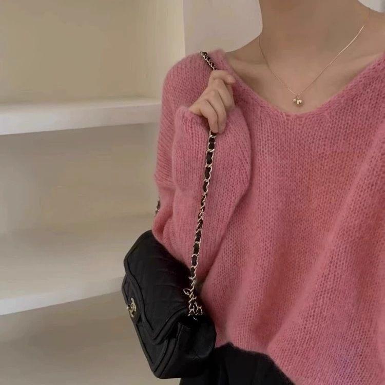 Women's V-Neck Knitted Sweater - Early Autumn, Versatile, Loose Fit, Solid Color