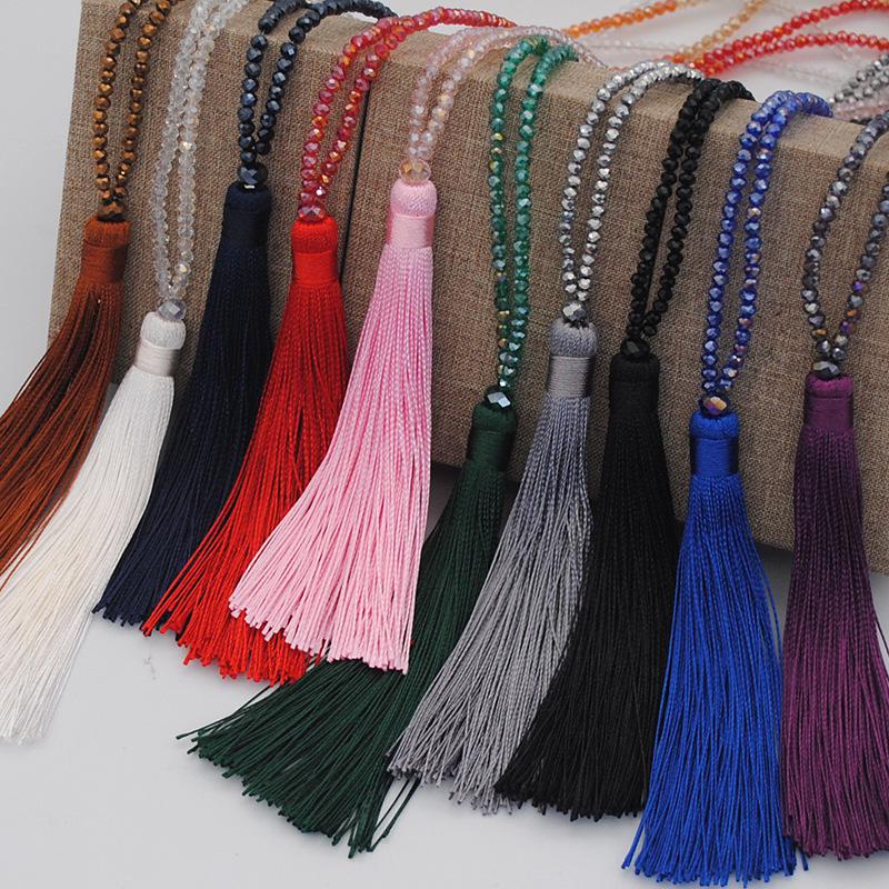 Velvet Thread & Crystal Beaded Tassel Necklace: 10-Color Handmade Women's European & American Long Chain Jewelry