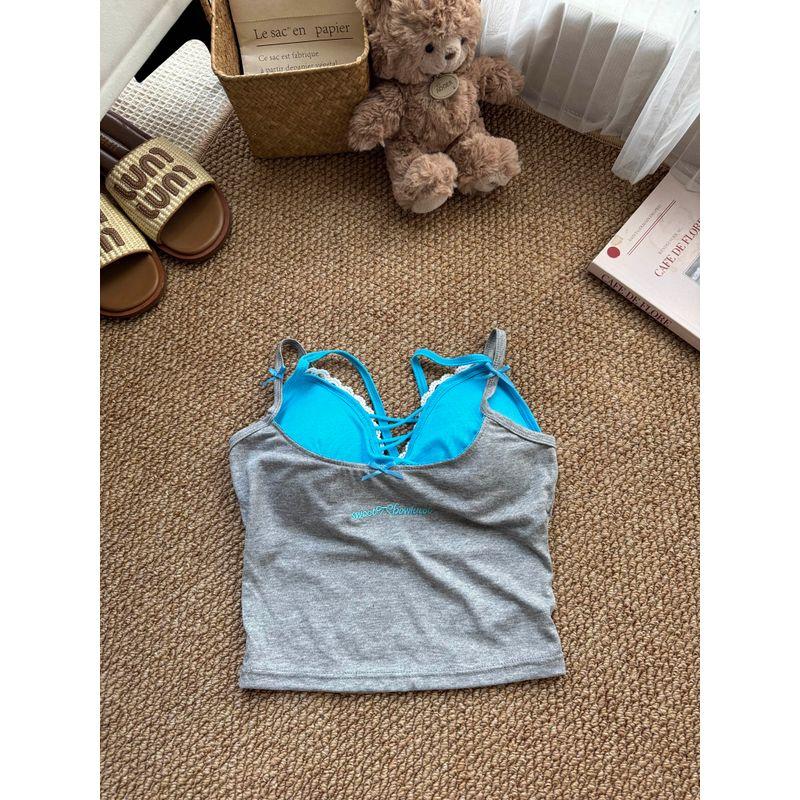 Kumikumi Pure Desire Style Design Sense Fake Two Pieces All-Match Cami Women Summer Letters Print Sexy Top