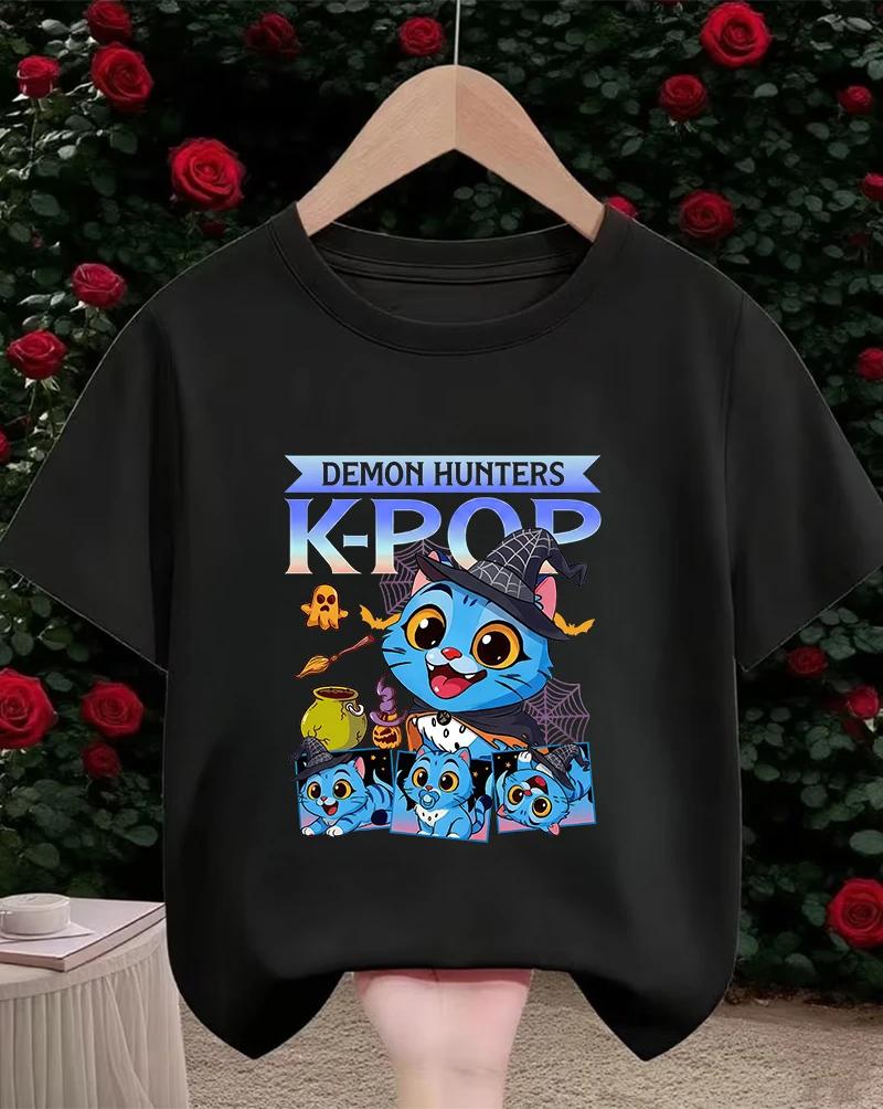 Lovely Cute Kpop Demon Hunters Pattern Kids T Shirt Soft Lightweight Short Sleeve Daily School Casual Round Neck Apparel