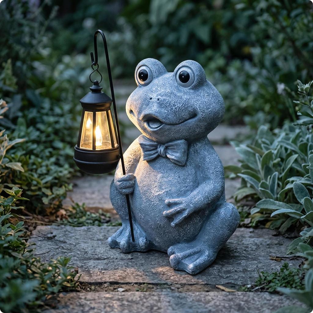 Animal Statue with Solar Lantern Stone Look Resin Ornament Light Handcrafted Garden