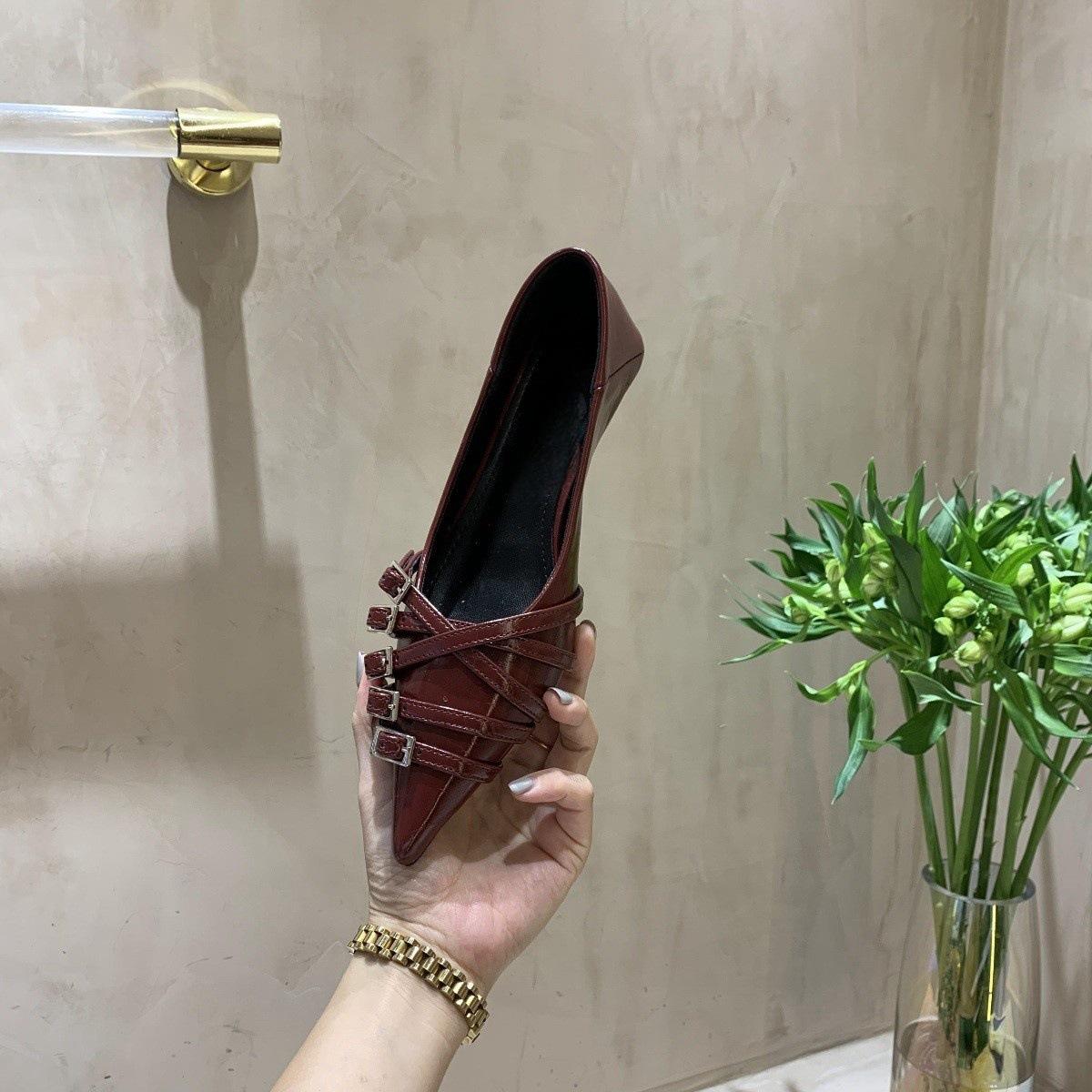 

Туфли-лодочки на высоком каблуке, женские, лето 2024, новые, с заостренным носком, на низком каблуке, из мягкой кожи, рабочие, профессиональные, одинарные туфли 40 бордовый