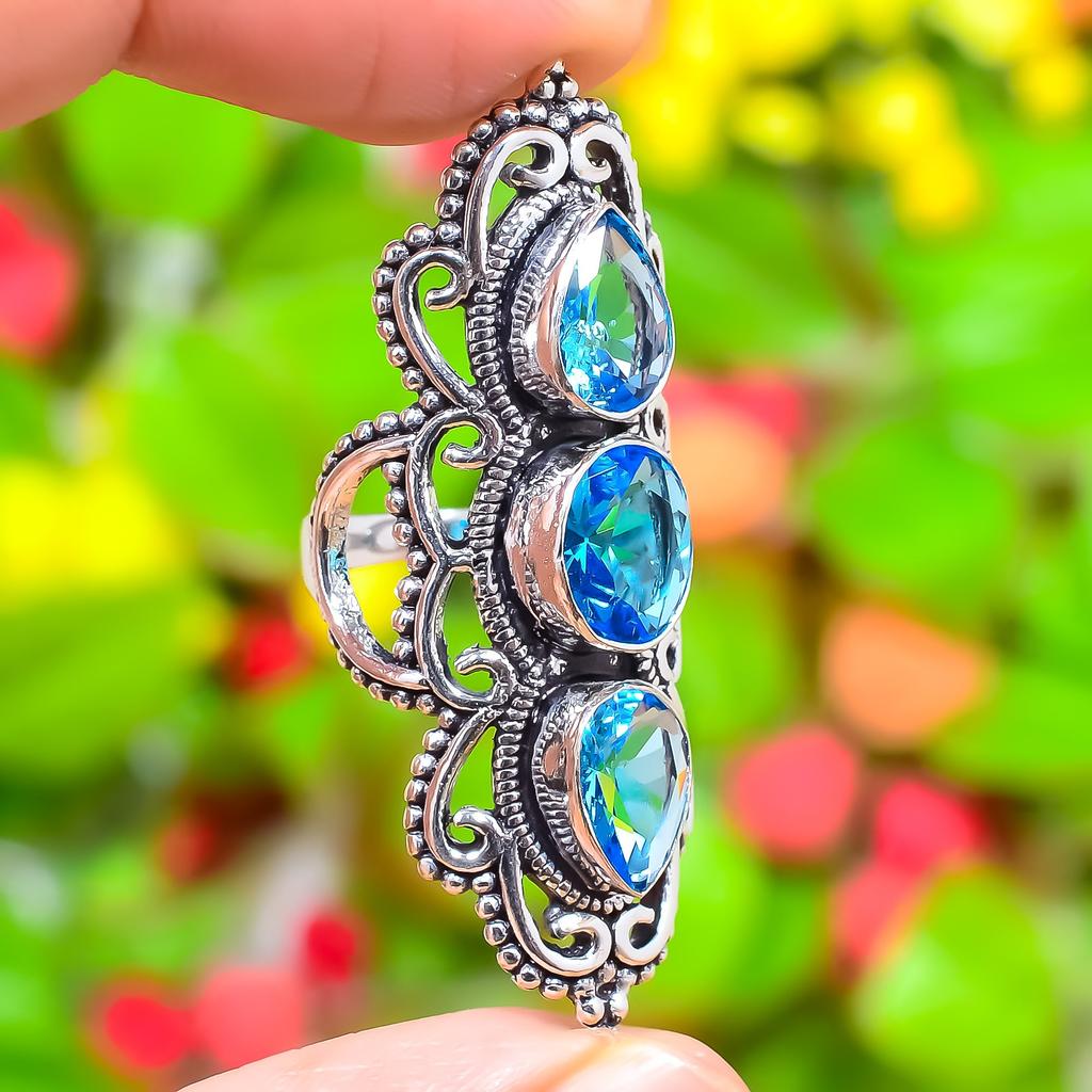 Swiss Blue Topaz Gemstone Handmade 925 Sterling Silver Jewelry Ring Size 7 Z3q83