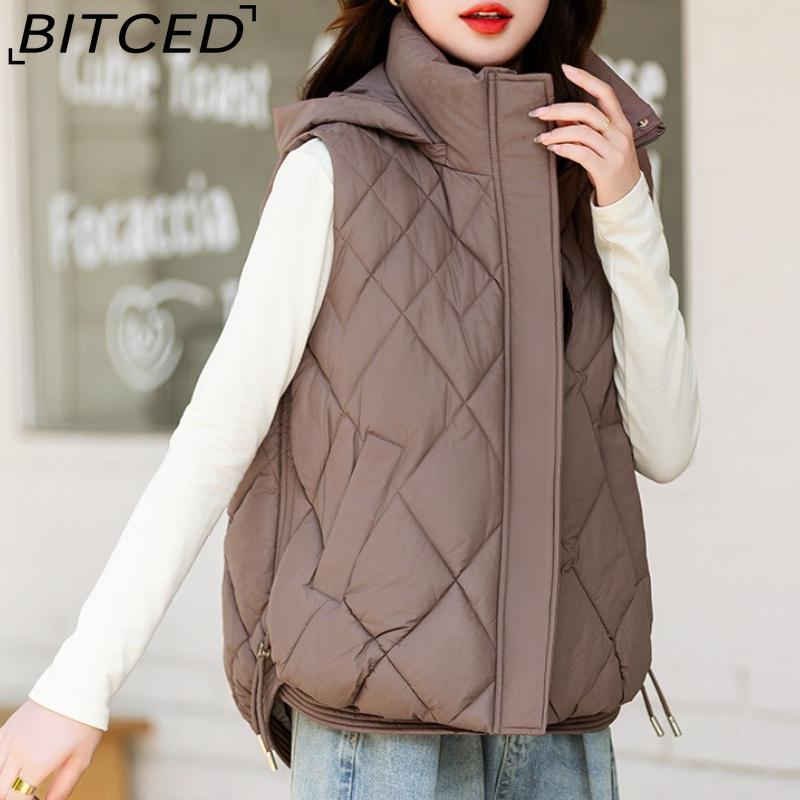 BITCED Women's Autumn/Winter Quilted Down Vest - Elegant Hooded Cotton Jacket, Short-Sleeved Waistcoat, Diamond-Quilted Vest