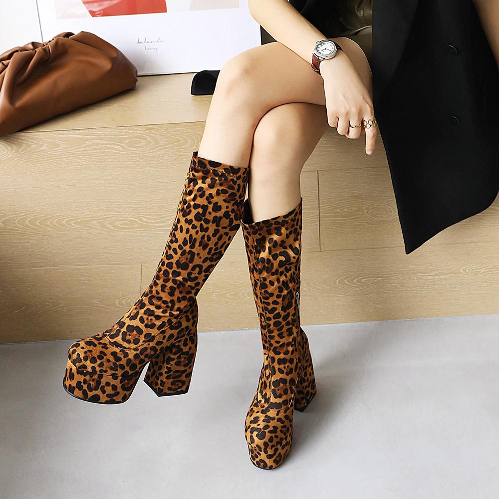 New Super High Thick Heel Leopard Print Short Plush Lining Women's Knee-Length Boots High Waterproof Platform Flock Zipper Boots
