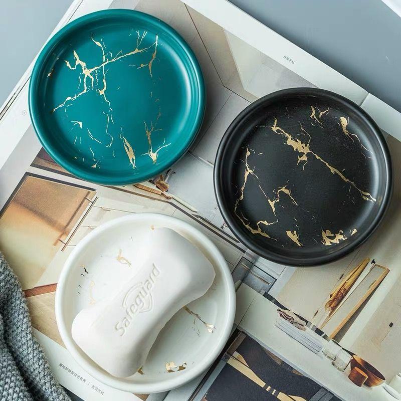 Creative Gilded Marbled Ceramic Soap Dish Toilet Storage Tray Luxury Round Ceramic Soap Dish Bathroom Accessories Sponge Holder