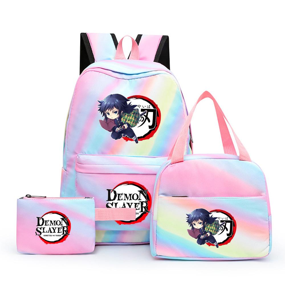 3Pcs/set Cartoon Demon Slayer Printed Backpack with Lunch Bag Pencil Case for Teenager Girl Boy Large Capacity Waterproof Bookbag Gift Mochila