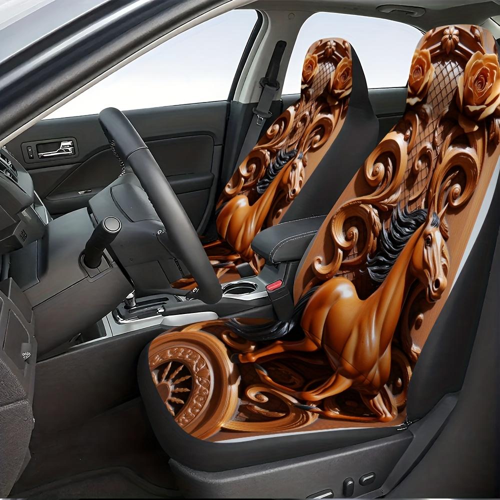 2pcs Elegant Horse Car Seat Covers - Luxury Floral Design With Brown & Golden Accents, Fit All-Season Use, Easy Install & Washab