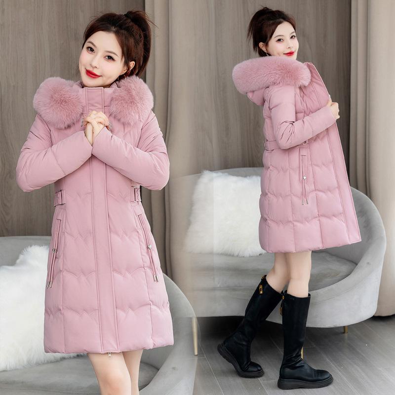Slim-fit Cotton-padded Clothes In Winter Solid Color Medium and Long Fashion Large Fur Collar Thickened Cotton-padded Clothes Warm Jacket