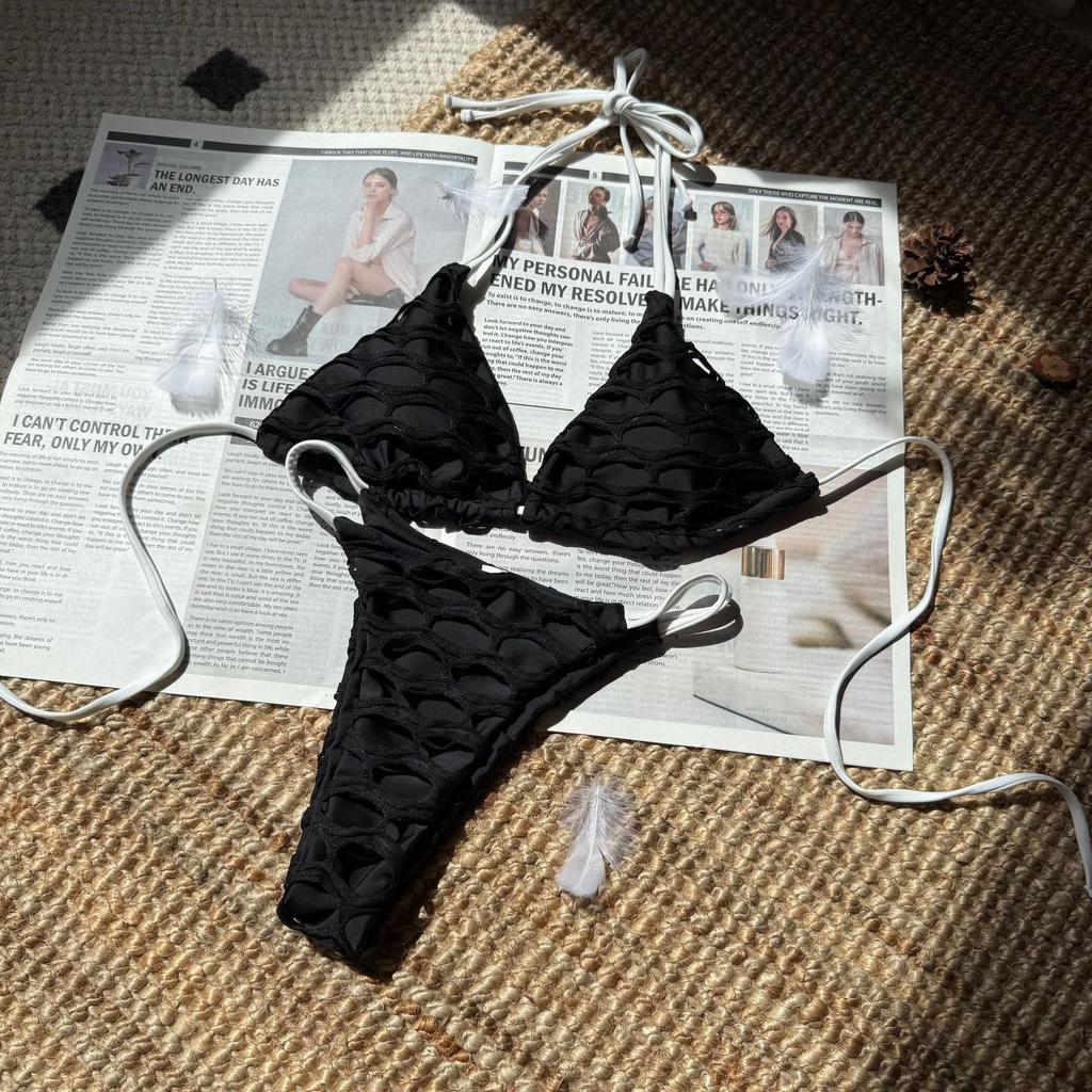Sexy Backless Mesh Splicing Drawstring Tie Two Piece Bikini Swimsuit For Women