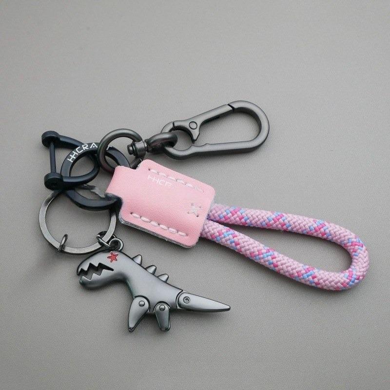 Premium Woven Leather Metal Dinosaur Keychain for Motorcycle Car Handbag Backpack Pendant Gift Accessories with Bracelet