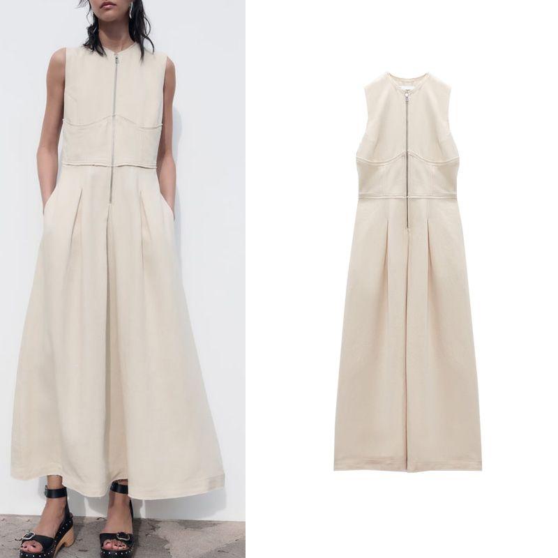 Spring New Arrival Sleeveless Long Jumper Dress Casual Elegant French Waist Zipper Dress 2902586