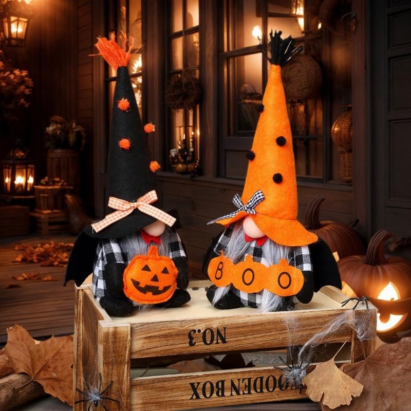 Cute Halloween Gnomes Figurine With Bat Wing and Pumpkin Design Plush Doll for Home Party Shop Desktop Shelf Decors