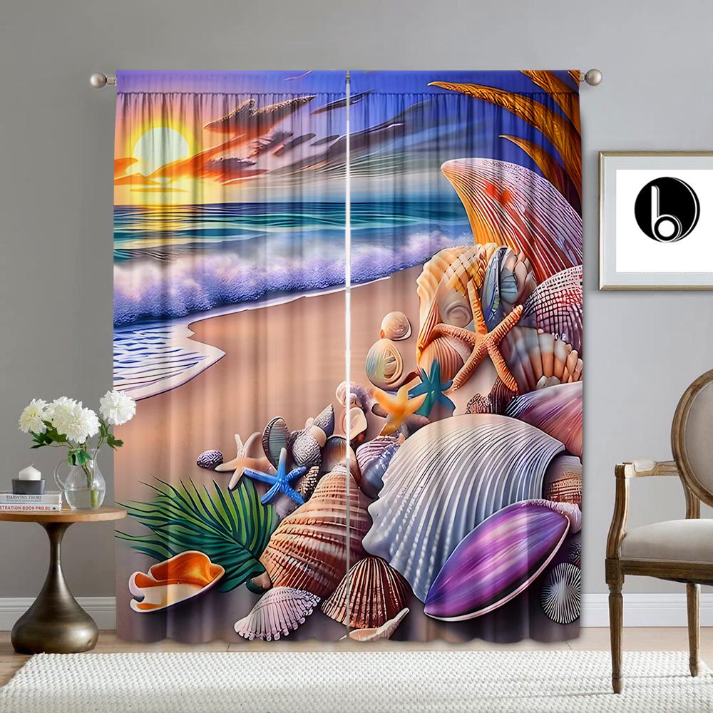 2PC Home Decoration Curtains With Colorful Seashells And Rod Pockets, Kitchen, Coffee Shop,Living Room, Balcony, Garden