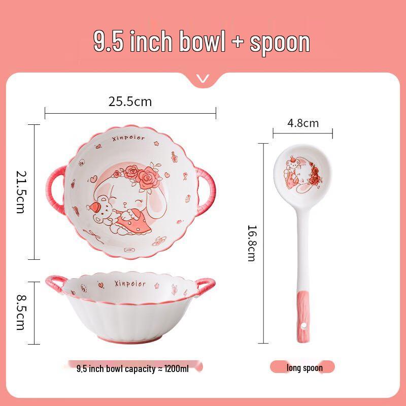 Linpan Cute Ceramic Double-Handle Noodle Bowl Set