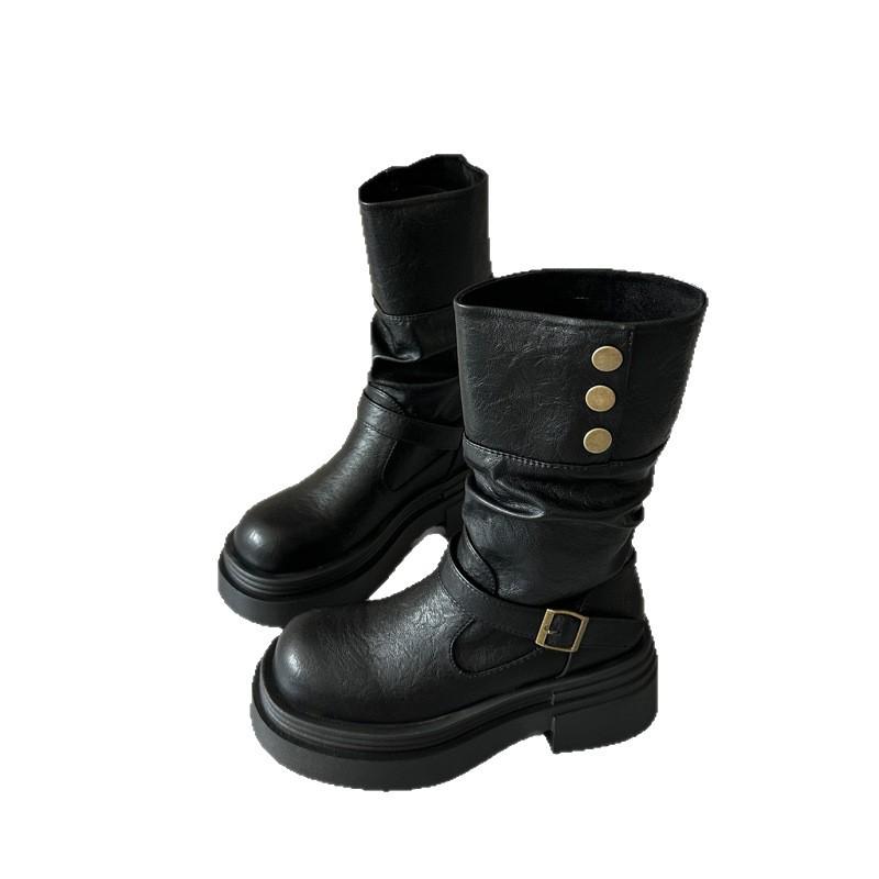 Brown retro British style thick heel platform boots women's 2025 new autumn and winter thin boots knight boots