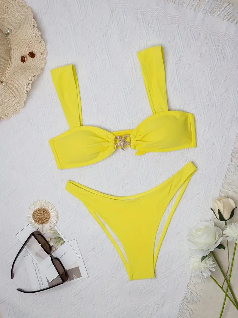 

Женский однотонный купальник бикини 2025 с металлическими деталями - Широкие бретели, Сексуальный раздельный купальник Large жёлтый